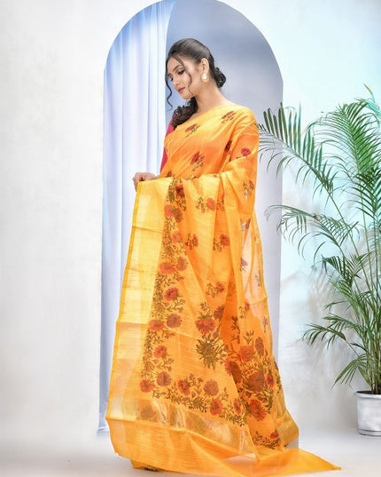 DESH BIDESH Women's Floral Printed Zari Handloom Taant Saree with Zari Border