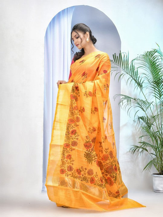 DESH BIDESH Women's Floral Printed Zari Handloom Taant Saree with Zari Border