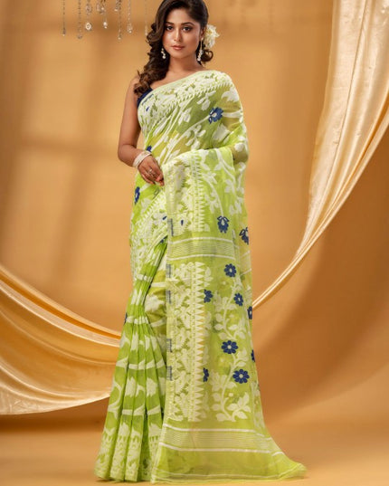 DESH BIDESH Floral Woven Pure Cotton Jamdani Saree - Elegant Indian Attire