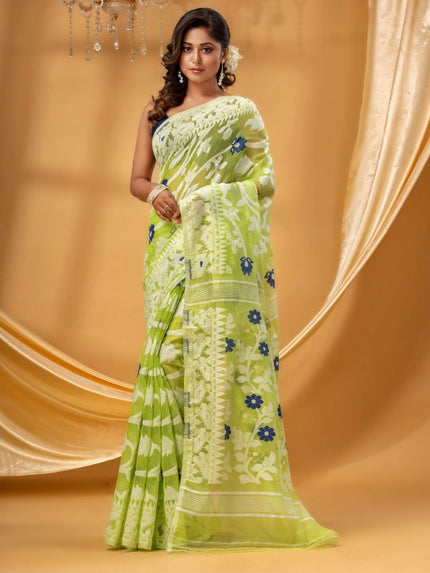 DESH BIDESH Floral Woven Pure Cotton Jamdani Saree - Elegant Indian Attire