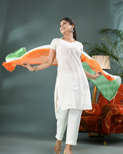 Tri Color Embellished Chiffon Dupatta with Patriotic Tassels