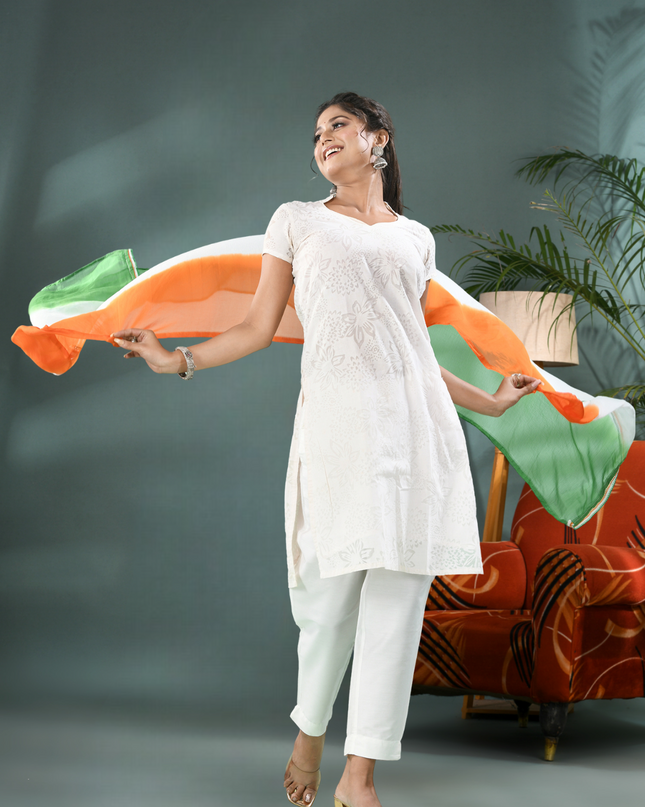 Tri Color Embellished Chiffon Dupatta with Patriotic Tassels