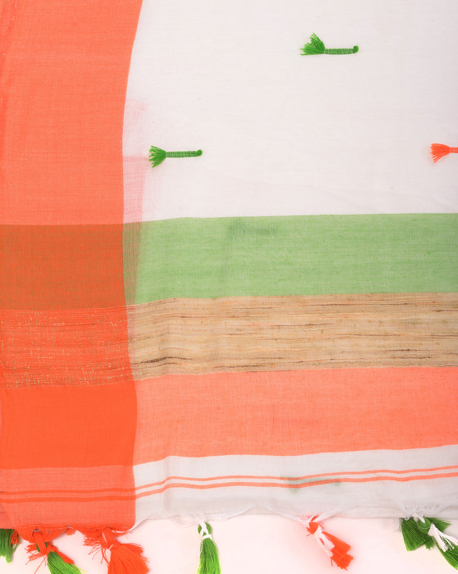 Women's Tri Color Pure Cotton Khadi Handloom Saree Mashal Design with Blouse Piece – Independence Day Special (Orange, White & Green)
