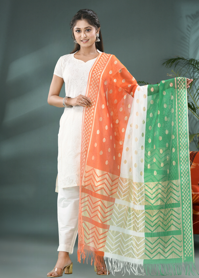 Women’s & Girl’s Tri-Color Art Silk Net Dupatta with Gold Zari Lace – Independence Day Special