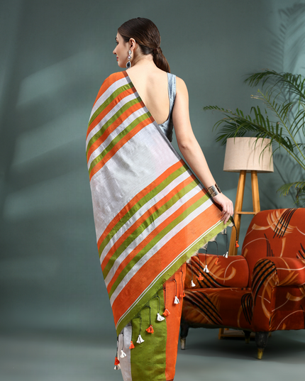 Women's Gitcha Cotton Silk Tri Color Saree with Blouse (Orange Silver Green)