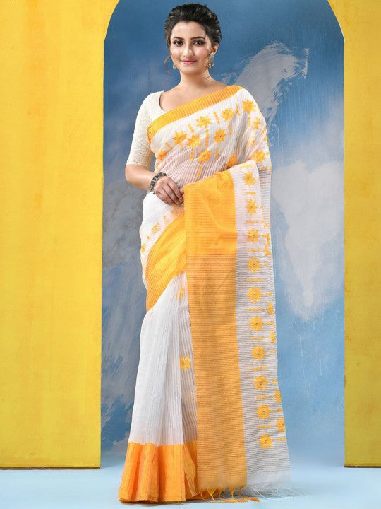 DESH BIDESH Floral Embroidered Pure Cotton Khadi Saree