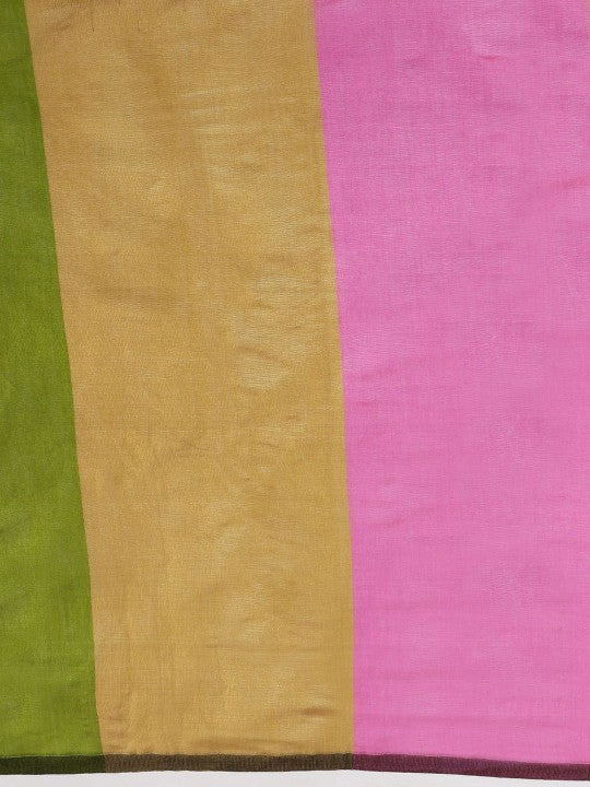 Exquisite Striped Silk Cotton Saree in Green and Pink with Solid Border