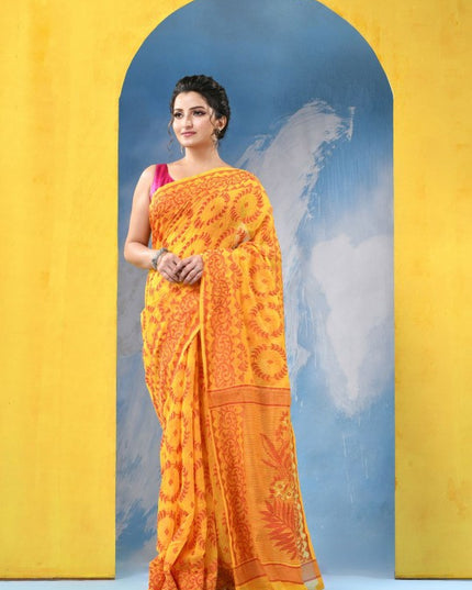 DESH BIDESH Yellow & Orange Ethnic Motifs Jamdani Cotton Blend Saree with Blouse Piece