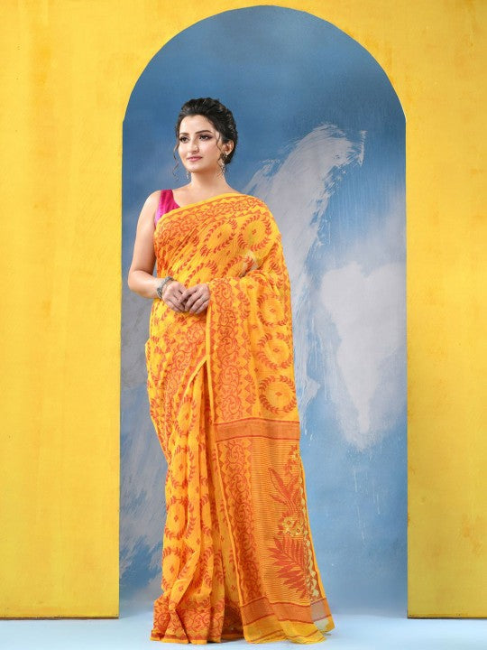 DESH BIDESH Yellow & Orange Ethnic Motifs Jamdani Cotton Blend Saree with Blouse Piece