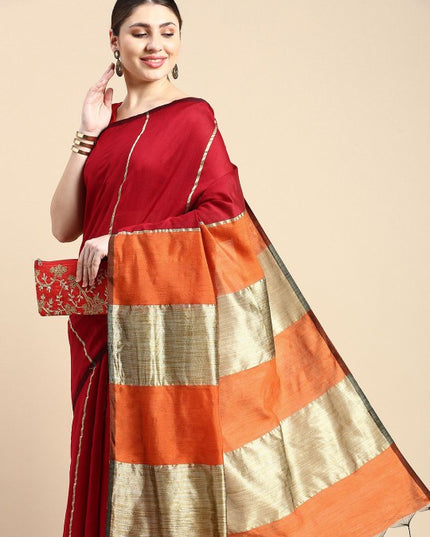 Exquisite Striped Red & Gold-Toned Silk Cotton Saree with Unstitched Blouse Piece