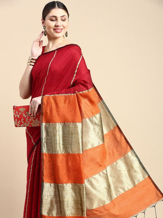 Exquisite Striped Red & Gold-Toned Silk Cotton Saree with Unstitched Blouse Piece