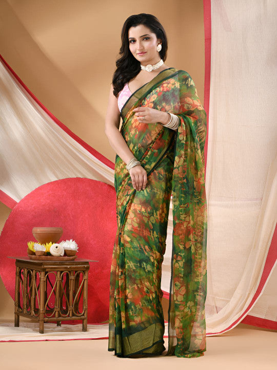 DESH BIDESH Noor E Zari Floral Printed Zari Bandhani Saree