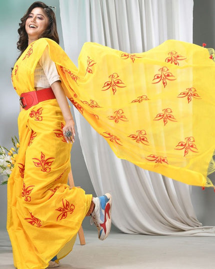 DESH BIDESH Yellow and Red Embroidered Saree with Blouse Piece for Women