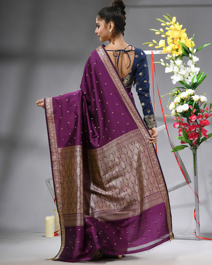 Magenta Purple silk blend saree with traditional woven silver zari border back view