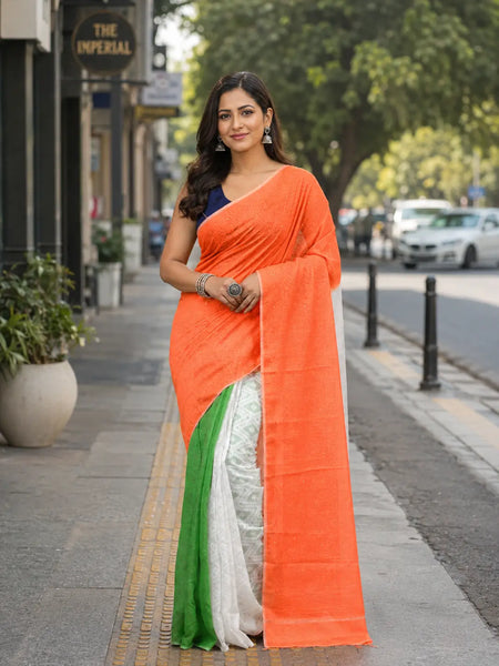 Women's Tri Color Pure Cotton Handloom Jamdani Saree (Orange White Green)
