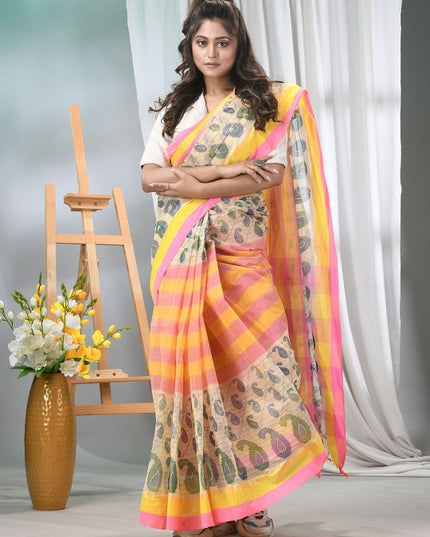 DESH BIDESH Pure Cotton Pink Yellow Paisley Printed Taant Saree for Women