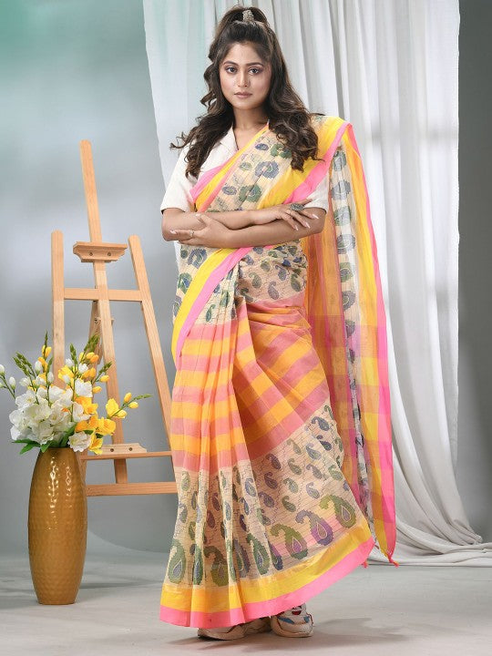 DESH BIDESH Pure Cotton Pink Yellow Paisley Printed Taant Saree for Women