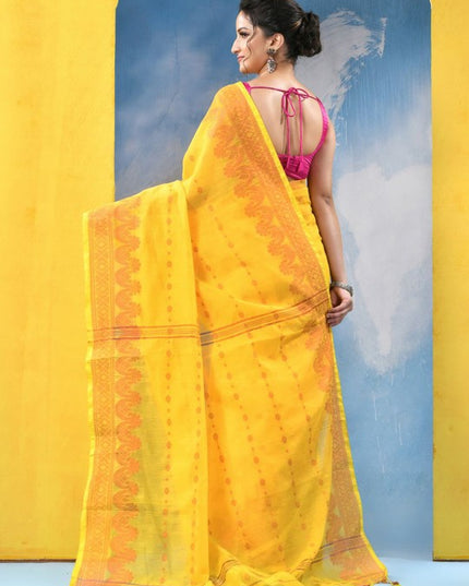 DESH BIDESH Yellow Orange Floral Woven Design Zari Saree with Unstitched Blouse Piece