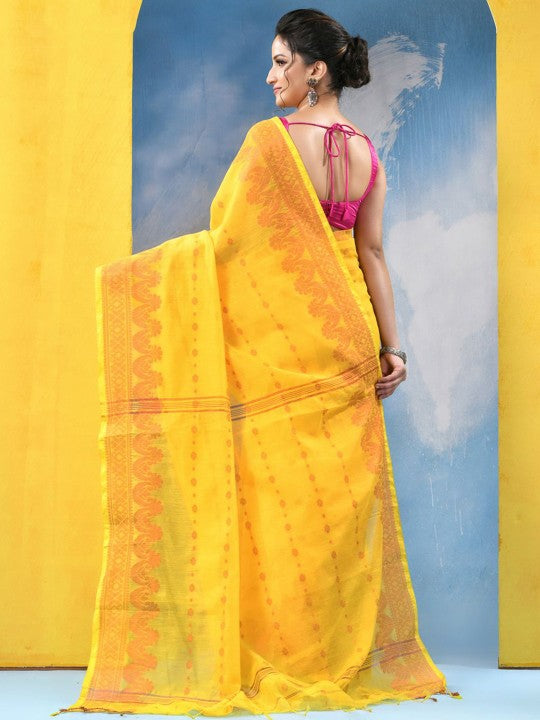 DESH BIDESH Yellow Orange Floral Woven Design Zari Saree with Unstitched Blouse Piece