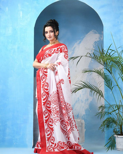 DESH BIDESH Ethnic Motifs Printed Pure Cotton LaalShwet Mulmul Saree