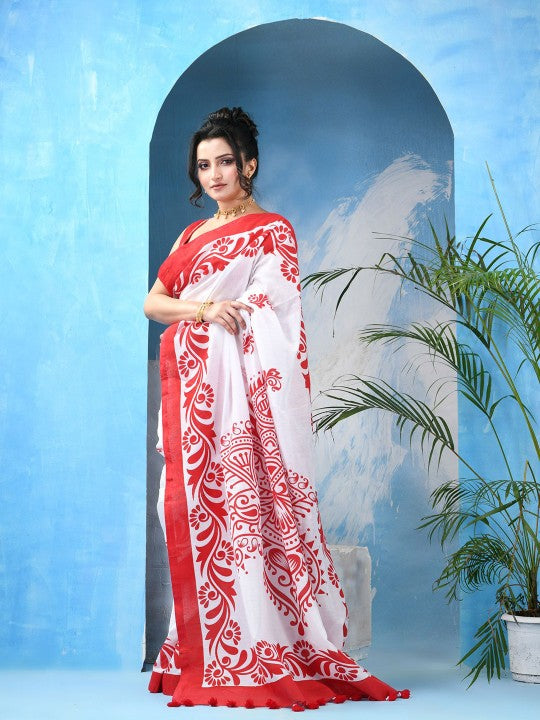 DESH BIDESH Ethnic Motifs Printed Pure Cotton LaalShwet Mulmul Saree