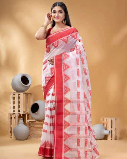 Elegant White & Red Pure Cotton Taant Saree with Paisley Woven Design Border