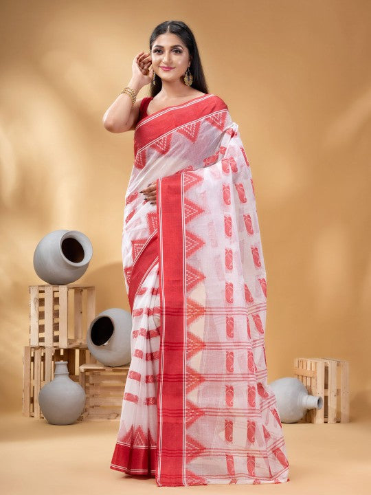 Elegant White & Red Pure Cotton Taant Saree with Paisley Woven Design Border