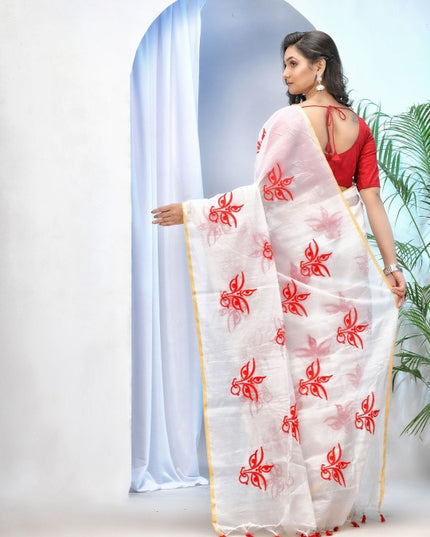 Exquisite White & Red Woven Ethnic Motifs Embroidered Saree with Blouse Piece