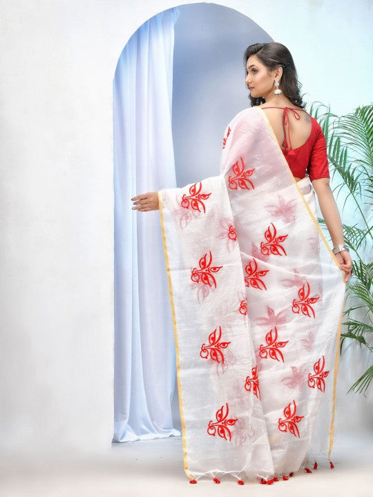 Exquisite White & Red Woven Ethnic Motifs Embroidered Saree with Blouse Piece