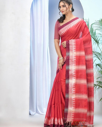Exquisite Red & White Woven Design Tissue Handloom Saree with Unstitched Blouse Piece