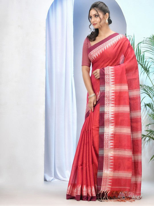 Exquisite Red & White Woven Design Tissue Handloom Saree with Unstitched Blouse Piece