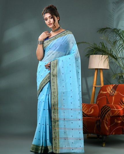 DESH BIDESH Striped Pure Cotton Taant Saree with an unstitched blouse piece