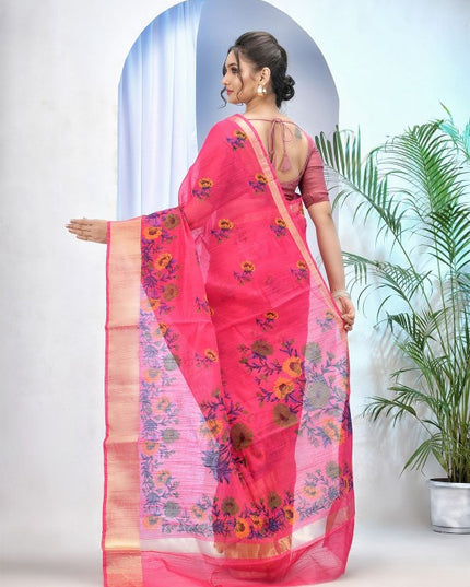 Exquisite Pink Floral Printed Zari Saree with Unstitched Blouse Piece