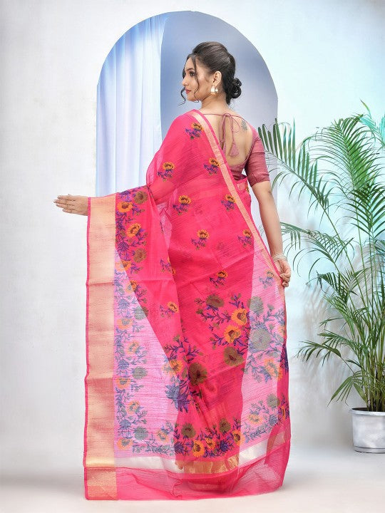 Exquisite Pink Floral Printed Zari Saree with Unstitched Blouse Piece