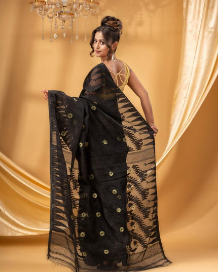 DESH BIDESH Black Gold Woven Pure Cotton Jamdani Saree Ethnic Motifs Women's