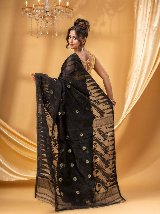 DESH BIDESH Black Gold Woven Pure Cotton Jamdani Saree Ethnic Motifs Women's