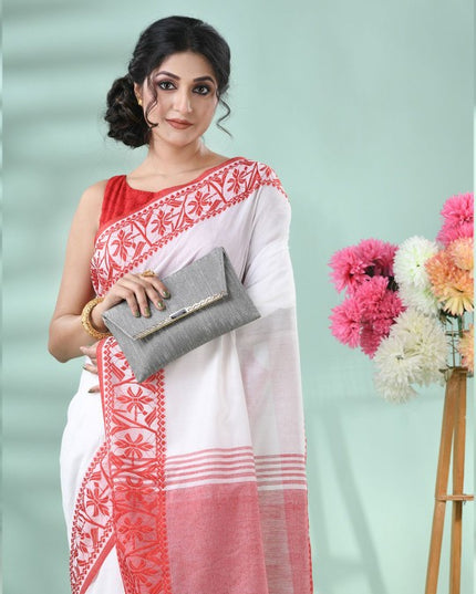 DESH BIDESH Women's White & Red Floral Handloom Saree with Printed Border