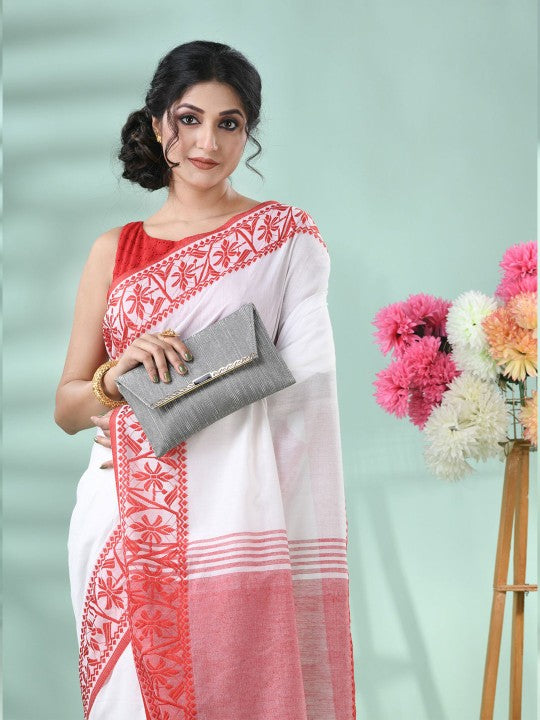 DESH BIDESH Women's White & Red Floral Handloom Saree with Printed Border