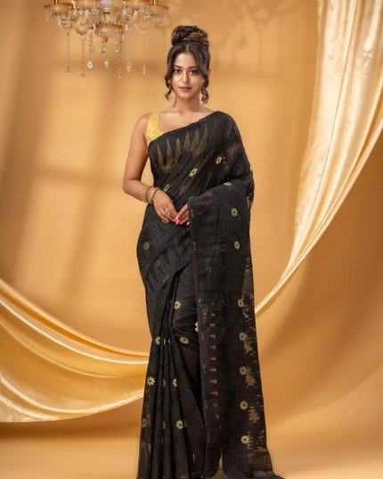 DESH BIDESH Black Gold Woven Pure Cotton Jamdani Saree Ethnic Motifs Women's