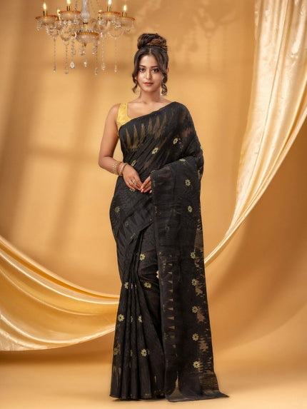 DESH BIDESH Black Gold Woven Pure Cotton Jamdani Saree Ethnic Motifs Women's