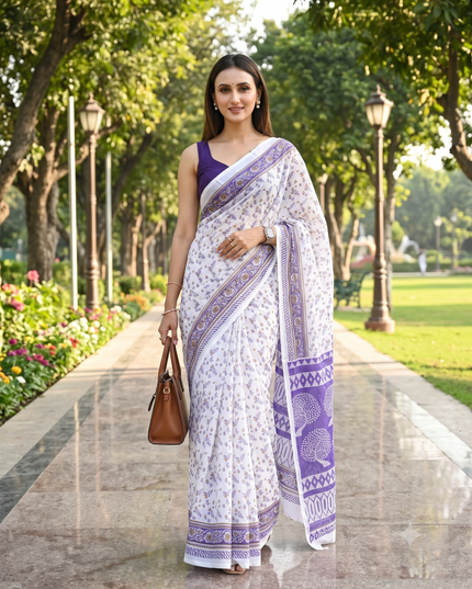 dB DESH BIDESH Women`s Cotton Saree for Woman | Saree for Woman Cotton Blend Kalpataru Printed Traditional Sari for Farewell Office Daily Wear with Blouse Piece (White Purple)