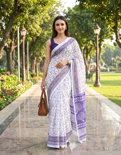 dB DESH BIDESH Women`s Cotton Saree for Woman | Saree for Woman Cotton Blend Kalpataru Printed Traditional Sari for Farewell Office Daily Wear with Blouse Piece (White Purple)
