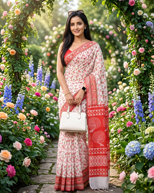 dB DESH BIDESH Women`s Cotton Saree for Woman | Saree for Woman Cotton Blend Kalpataru Printed Traditional Sari for Farewell Office Daily Wear with Blouse Piece (White Red)