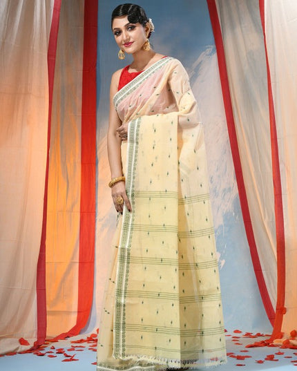 Exquisite Off-White & Green Pure Cotton Saree with Ethnic Woven Motifs