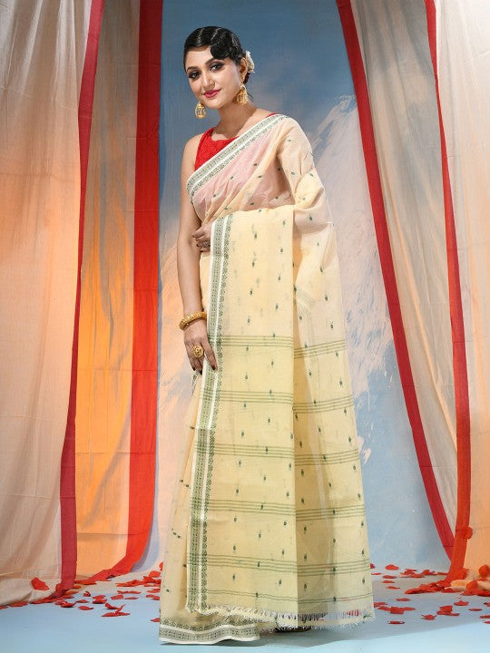 Exquisite Off-White & Green Pure Cotton Saree with Ethnic Woven Motifs