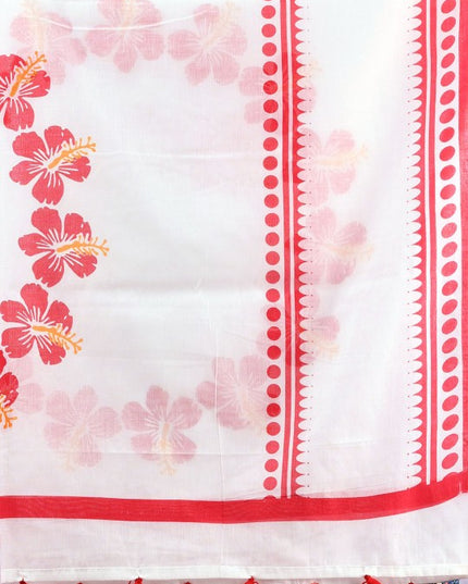 Exquisite Floral Printed Handloom Saree: Red & White, Cotton Blend, Traditional Indian Wear