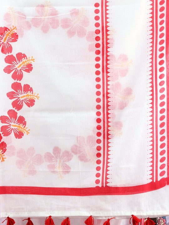 Exquisite Floral Printed Handloom Saree: Red & White, Cotton Blend, Traditional Indian Wear
