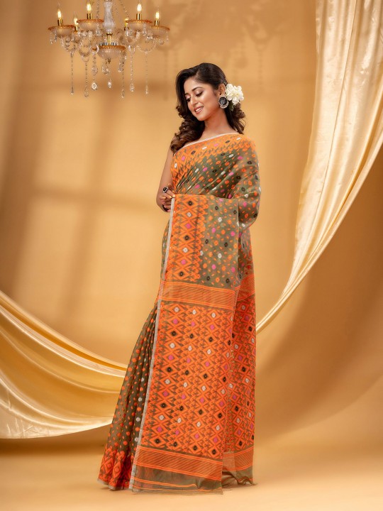 Exquisite DESH BIDESH Pure Cotton Jamdani Saree with Woven Design Border