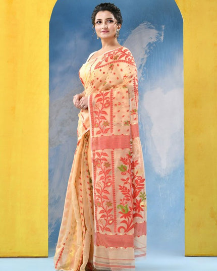 Exquisite Cream and Red Jamdani Saree with Ethnic Motifs and No Border