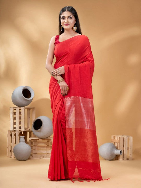 Exquisite Red Woven Design Taant Saree for Women - Traditional Indian Wear
